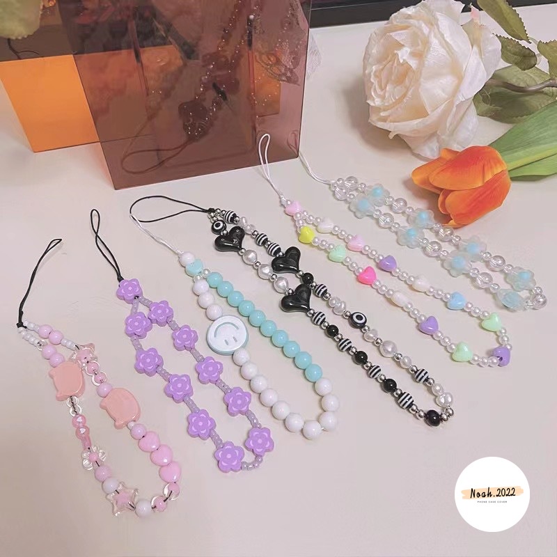 Dây Đeo Điện Thoại Bằng acrylic Đính Hạt Ngọc Trai Màu Đen Hình Trái Tim / Bướm Xinh Xắn