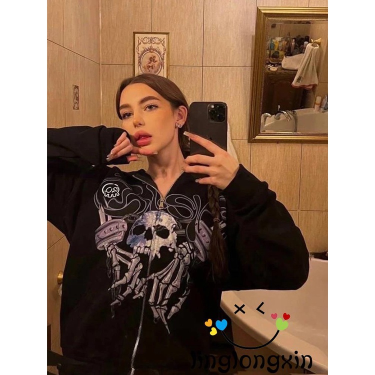 Linglongxi2-áo Hoodie Tay Dài Có Khóa Kéo Họa Tiết Bộ Xương Phong Cách gothic punk Cho Nữ