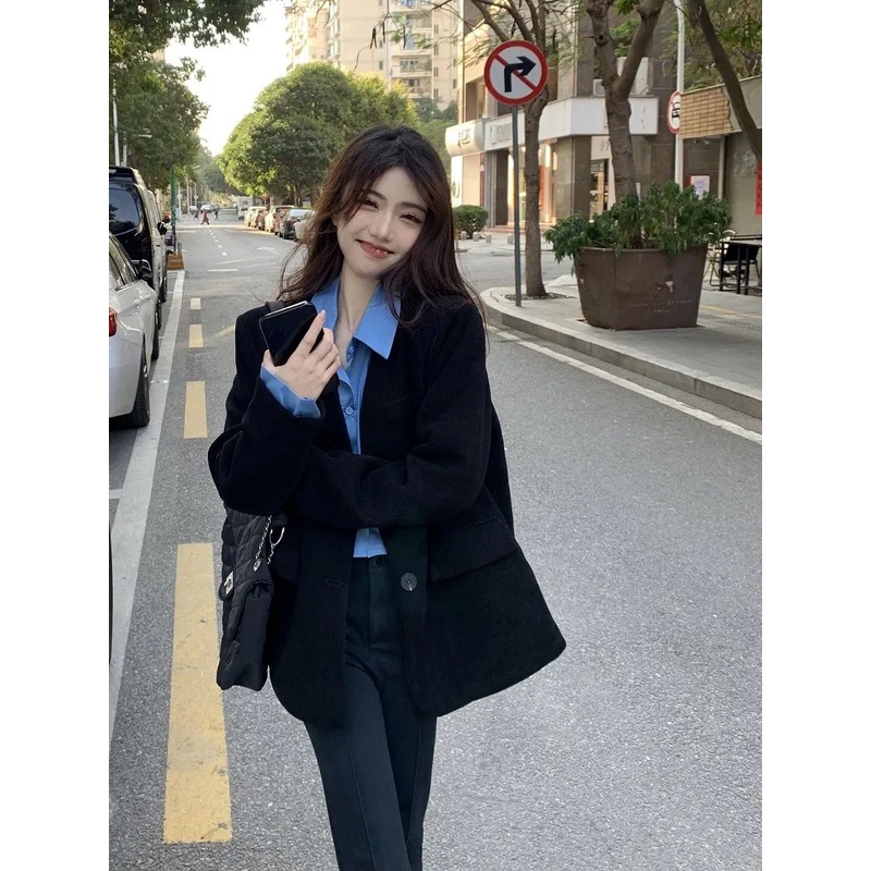 Áo Khoác Dài Tay Giả Hai Lớp Phong Cách Hàn Quốc Thời Trang Mùa Xuân Dành Cho Nữ Size txl9