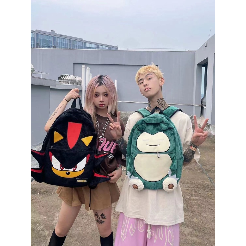 Balo y2k Wlgs Balo Nhung Lông Màu Đen Bóng sonic Cho Cặp Đôi