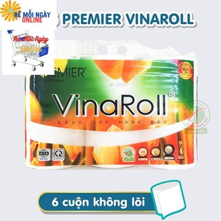 Lốc (6 Cuộn) Giấy vệ sinh Premier Vinaroll không lõi Cao cấp - Mềm mịn, không bụi,an toàn cho trẻ, 3 lớp