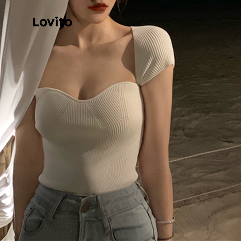 Áo Lovito cổ vương tay ngắn dệt kim sọc gân màu trơn thường ngày cho nữ LNA13033