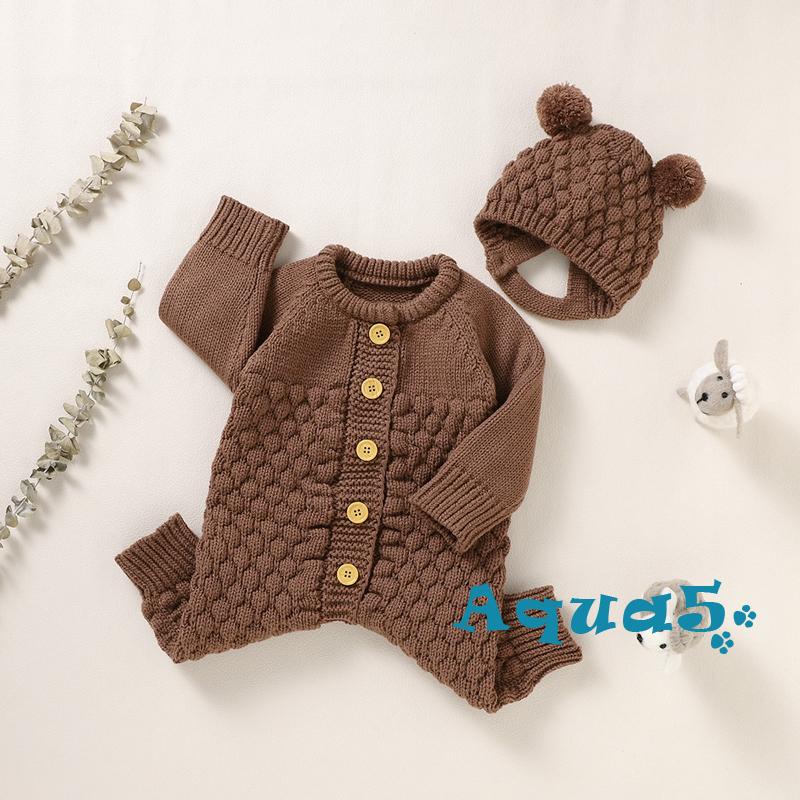 Aqua-bộ 2 Món Áo Liền Quần Dệt Kim Tay Dài Màu Trơn + Mũ Gấu Thời Trang Mùa Đông Cho Bé