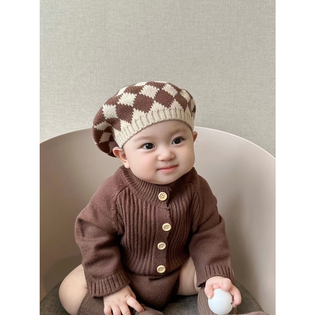 Mũ beret Dệt Kim Họa Tiết Hình Thoi Thời Trang Thu Đông Hàn Quốc Mới Cho Bé