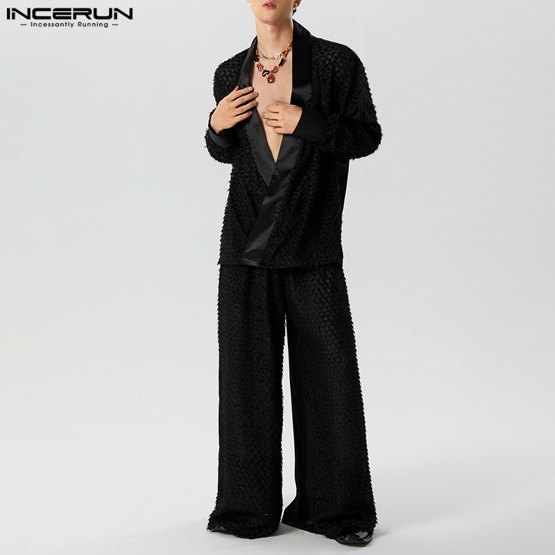 INCERUN Bộ Áo Khoác cardigan Dài Tay Xuyên Thấu + Quần Ống Rộng Thời Trang vintage Dành Cho Nam