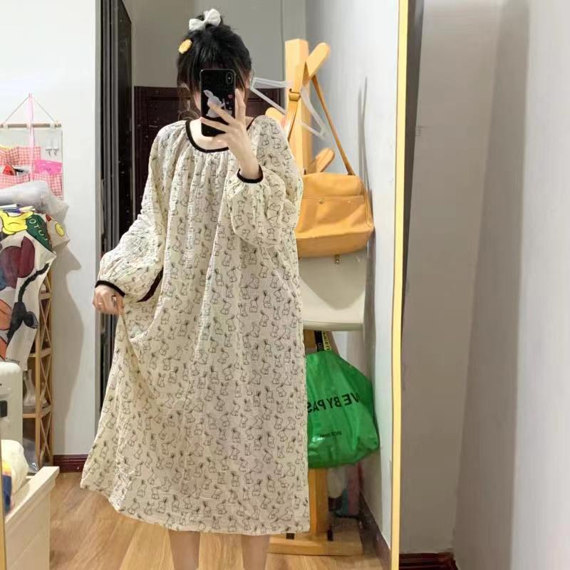 Đầm Ngủ Tay Dài In Hoạt Hình Thỏ Dễ Thương Thời Trang Thu Đông 2023 Cho Bạn Gái