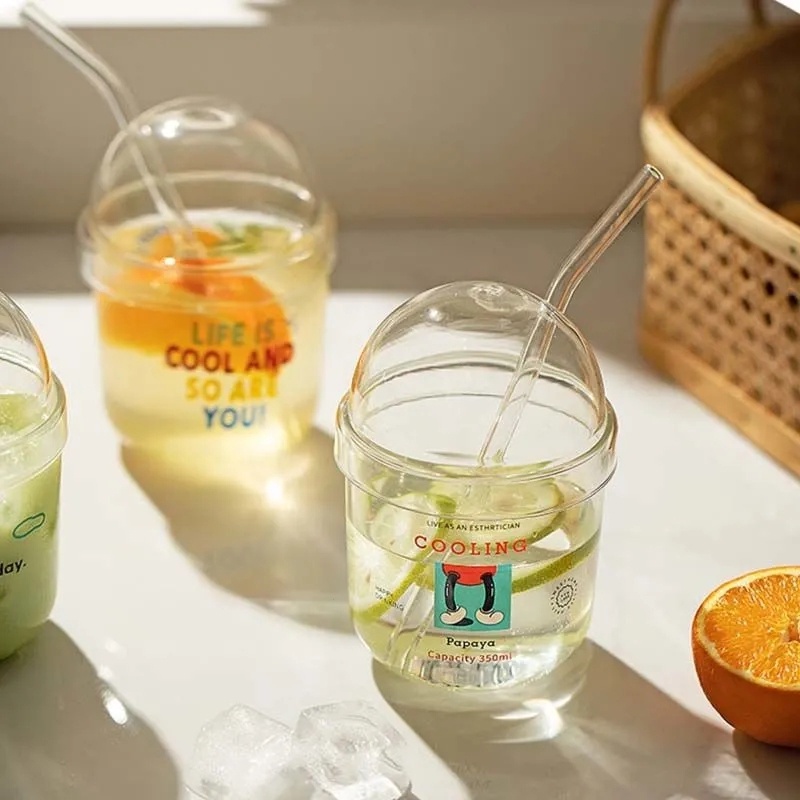 Bình Nước Thủy Tinh Cỡ Lớn Có Nắp Và Ống Hút Họa Tiết Hoạt Hình Dễ Thương Cho Bé Gái