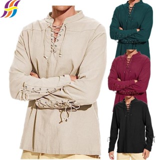 Áo Sơ Mi Vải Lanh Tay Dài Cổ Chữ v Cột Dây Hóa Trang Cướp Biển Phục Hưng Cho Nam