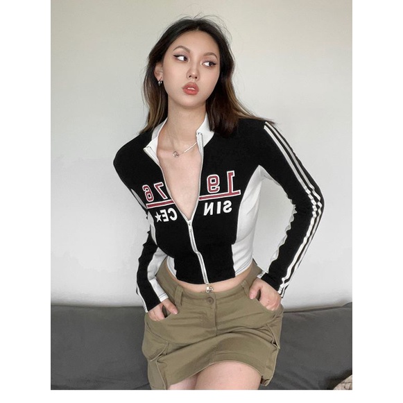 Áo Khoác cardigan Ngắn Tay Dài In Họa Tiết Màu Sắc Tương Phản Phong Cách Mỹ Cho Nữ