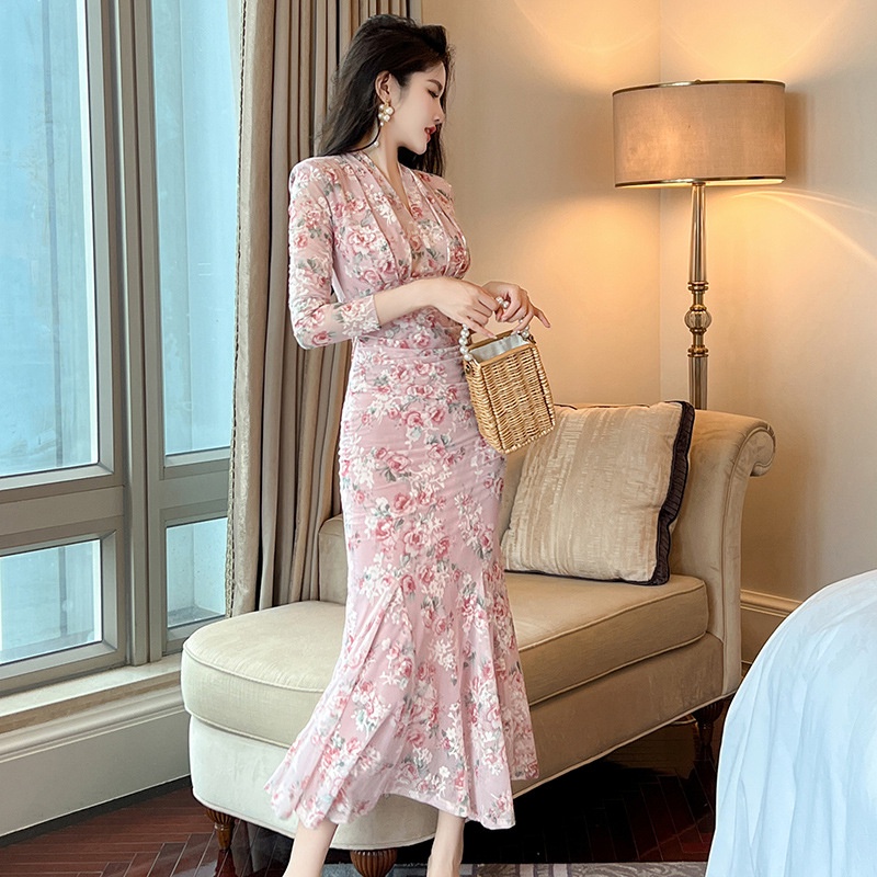 Đầm Đuôi Cá Dáng Dài In Họa Tiết Hoa Phong Cách Pháp Cổ Điển Thời Trang Mùa Thu Hàng Mới 2023 50448