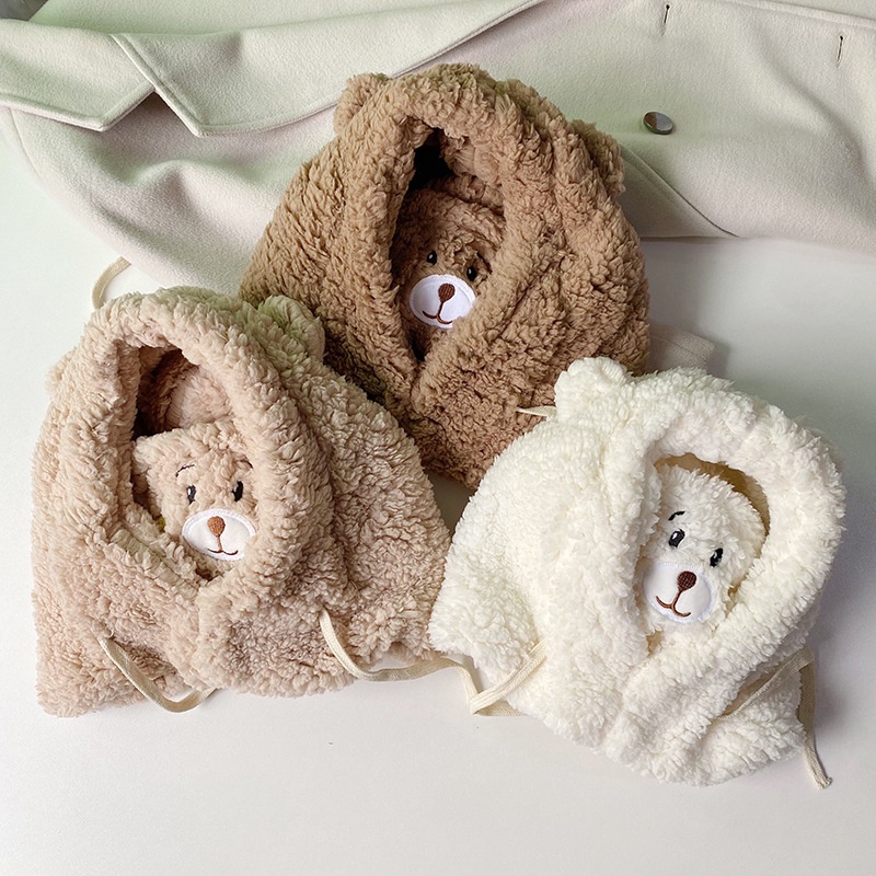 Mũ beanie Lông Cừu Dày Dặn Giữ Ấm Tai Kèm Mặt Nạ Hình Gấu Hoạt Hình Dễ Thương Cho Nữ