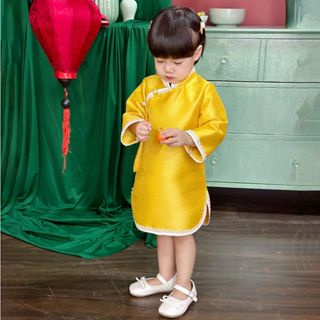 Đầm sườn xám váy cho bé gái từ 1-6 tuổi phối ren Áo dài cách tân bé gái mặc Tết