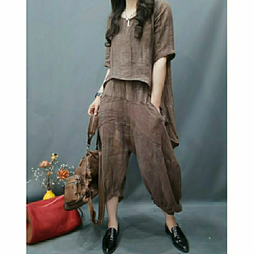 Bộ Trang Phục Hai Mảnh Vải Lanh Dáng Ngắn Lưng Ngắn Phong Cách retro Mùa Xuân Thu