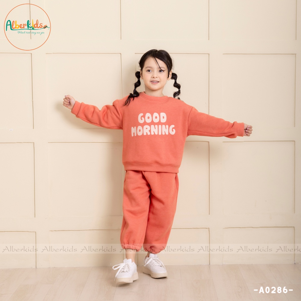 Bộ đồ nỉ in chữ good morning bé gái ALBERKIDS không mũ công chúa xinh đẹp cho trẻ em 2,3,4,5,6,7,8,9,10,11,12 tuôỉ A0286