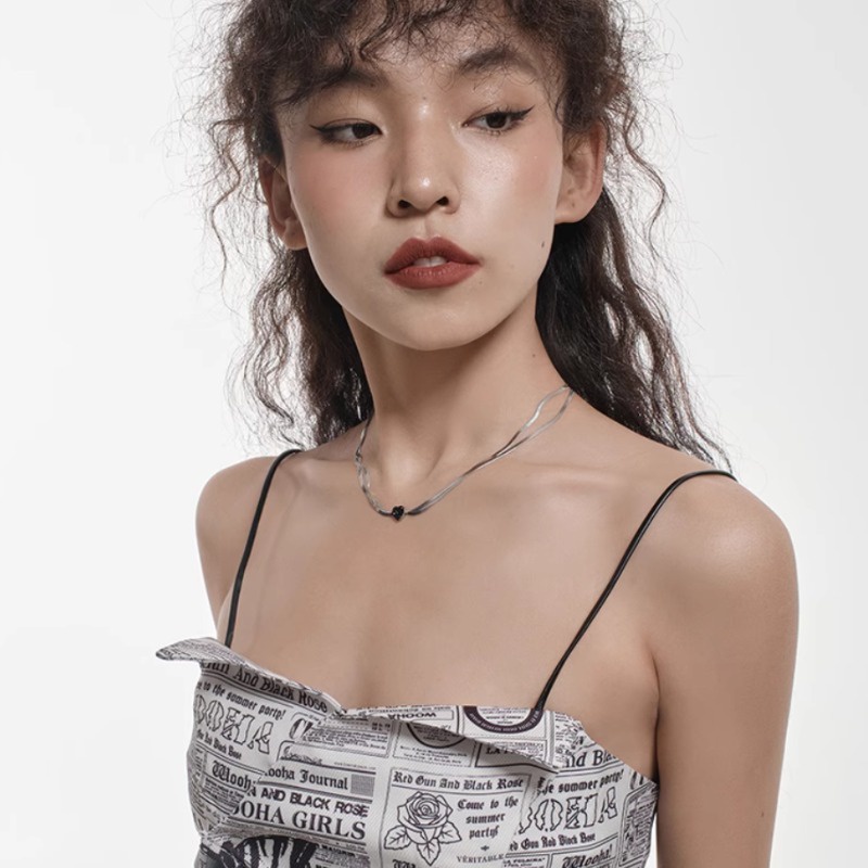 We flower Vòng cổ Hai Lớp Bằng Thép Không Gỉ Mặt Hình Trái Tim Màu Đen Thời Trang Cho Nam Và Nữ