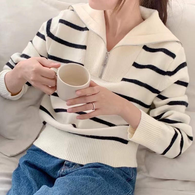 Áo sweater Dệt Kim Tay Dài Dáng Rộng Kẻ Sọc Màu Tương Phản Dễ Thương 6836