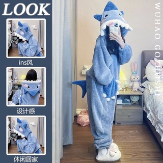 Jumpsuit Cá Mập Nhỏ Có Mũ Trùm Đầu Bộ Đồ Ngủ Mùa Đông In Hình Dài Tay Nữ Phong Cách Mới Cao Cấp Lông Cừu San Hô Dày Váy Ngủ 2024 TZ8E