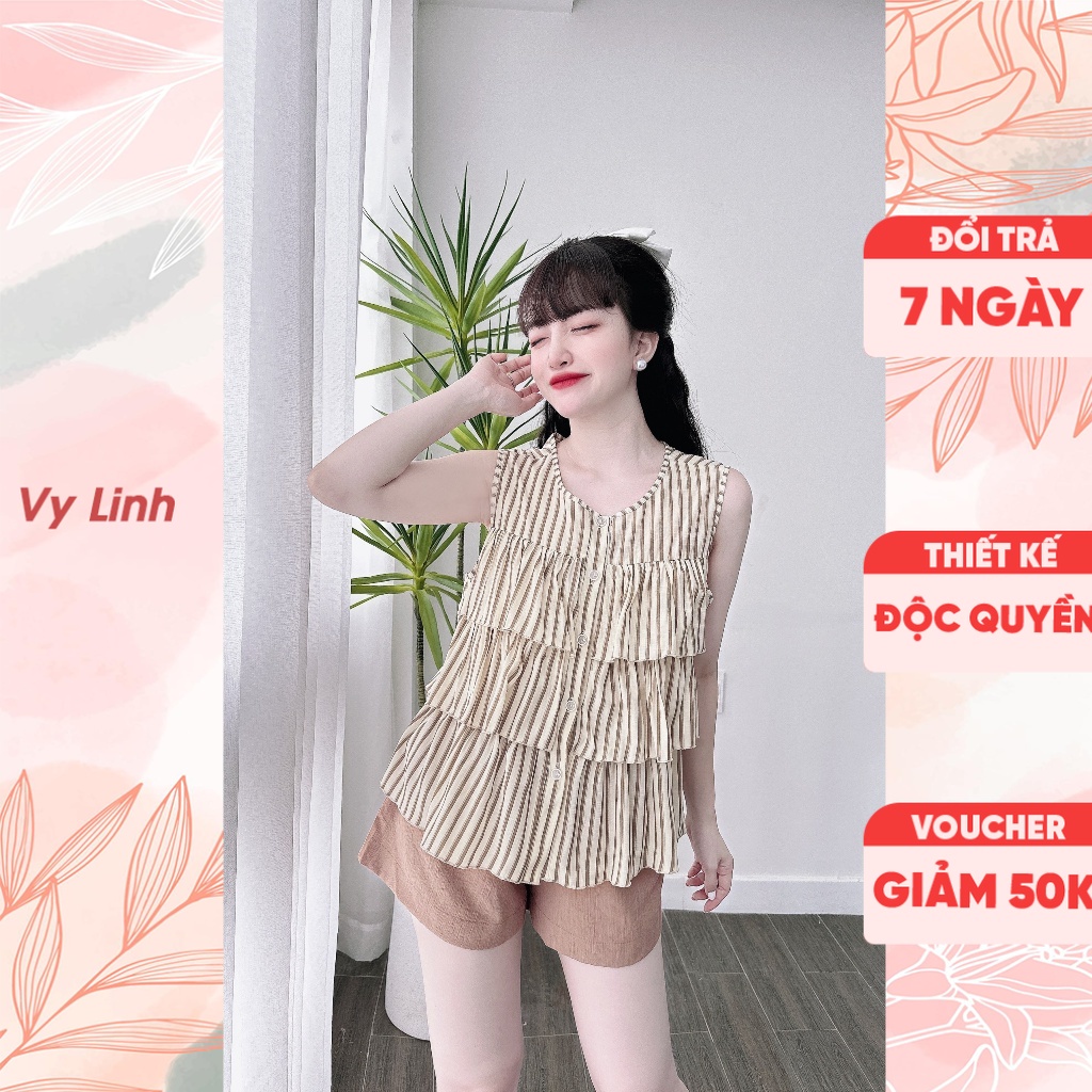 Bộ đồ ngủ đùi tầng Vy Linh chất liệu linen cao cấp thoáng mát không nhăn bai nhão, thấm hút mồ hôi tốt S1007