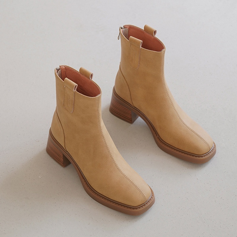 Duooya hair ~  Giày Bốt martin Da Mềm Gót Dày Ngắn Mũi Vuông Phối Khóa Kéo Phía Sau Xe Máy Miễn Phí Vận Chuyển