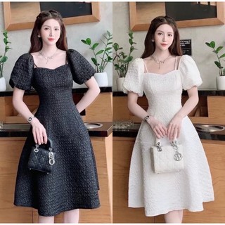 [145] Đầm gấm xốp cổ vuông tay bồng mix dây vai dáng xòe 2 màu thanh lịch quý phái cho nàng dự tiệc