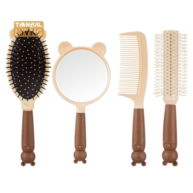 Bộ Gương Trang Điểm Cầm Tay Không Góc massage Đầu Không Thắt Nút Hình Bia Dễ Thương Dùng Tại Nhà