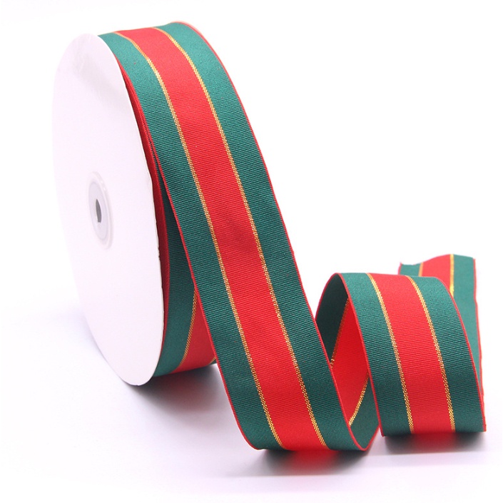 RB60 Cuộn 5 Mét Dây Ruy Băng Vải Đỏ Viền Xanh Trang Trí Cây Thông Giáng Sinh