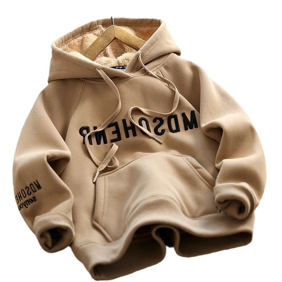 Áo sweatshirt Dày Có Mũ Trùm Lót Lông Cừu Phong Cách Đường Phố Cỡ Vừa Và Lớn Thời Trang Thu Đông Cho Bé Trai @
