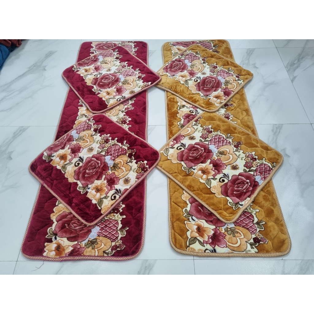 Thảm ghế nhung trần hoa nệm trải ghế gỗ ghế sofa cao cấp gồm 1 thảm dài 2 thảm vuông KÍCH THƯƠC 1M68*52