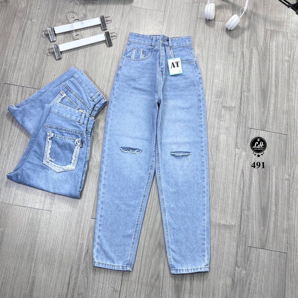 Quần baggy jeans nữ màu xanh cạp cao rách gối chạy viền túi sau Lê Huy Fashion MS 491