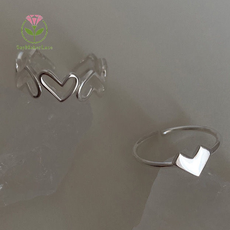 Set nhẫn SayMakerLace hình trái tim rỗng màu bạc đơn giản cá tính chỉnh được