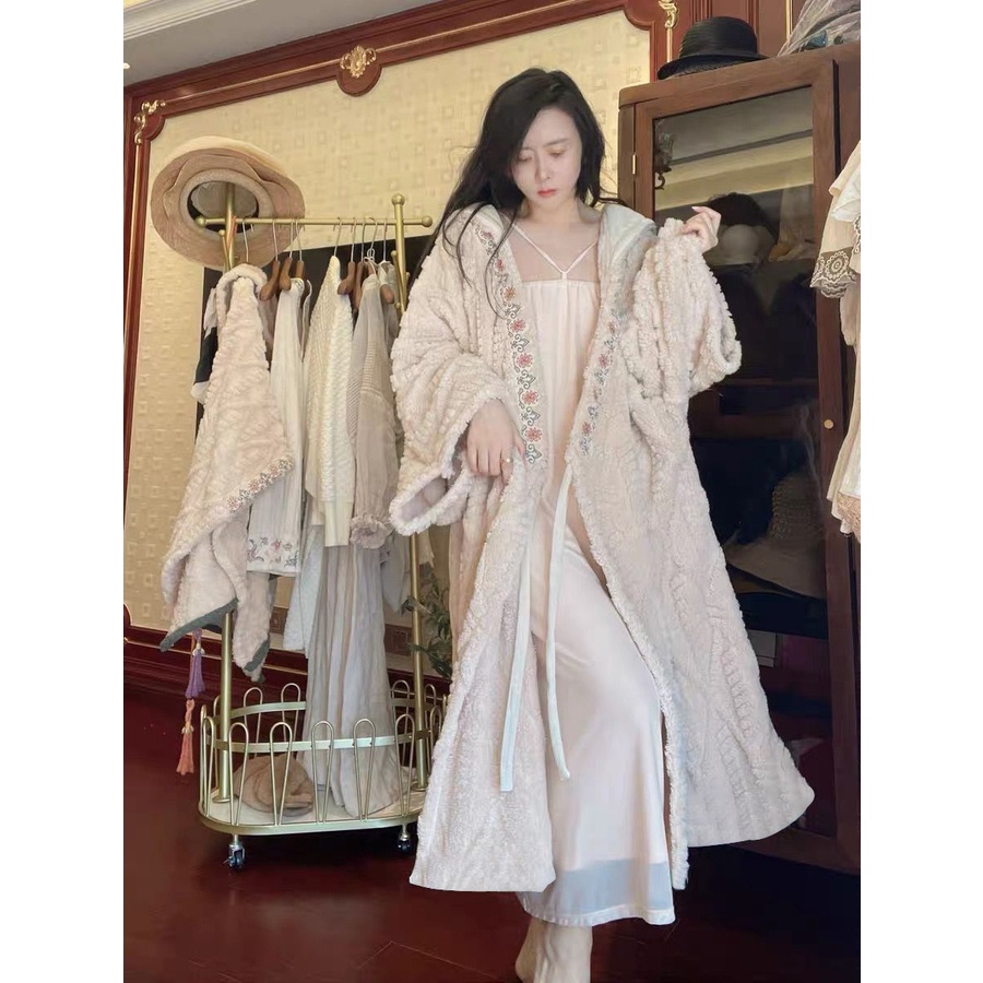 Áo Choàng Ngủ Dáng Dài Bằng Lông Cừu Dày Dặn Phong Cách Mới 2023