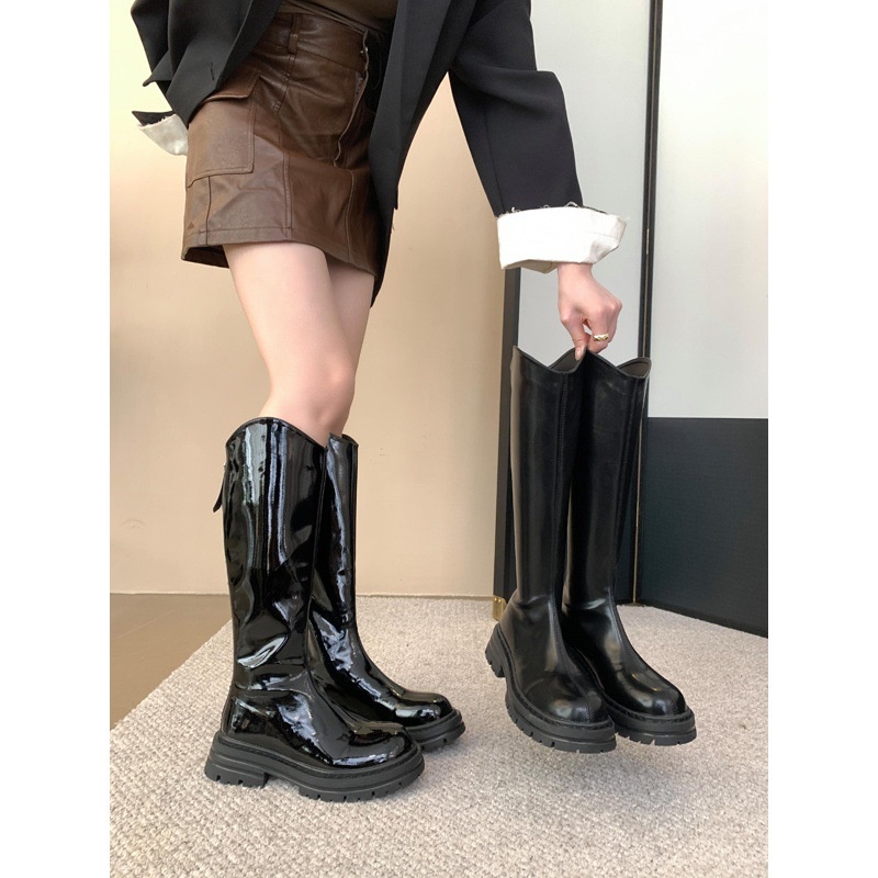 Bốt Da Bóng Đế Dày Mũi Tròn Phong Cách Hàn Quốc Thời Trang 2023 Cho Nữ