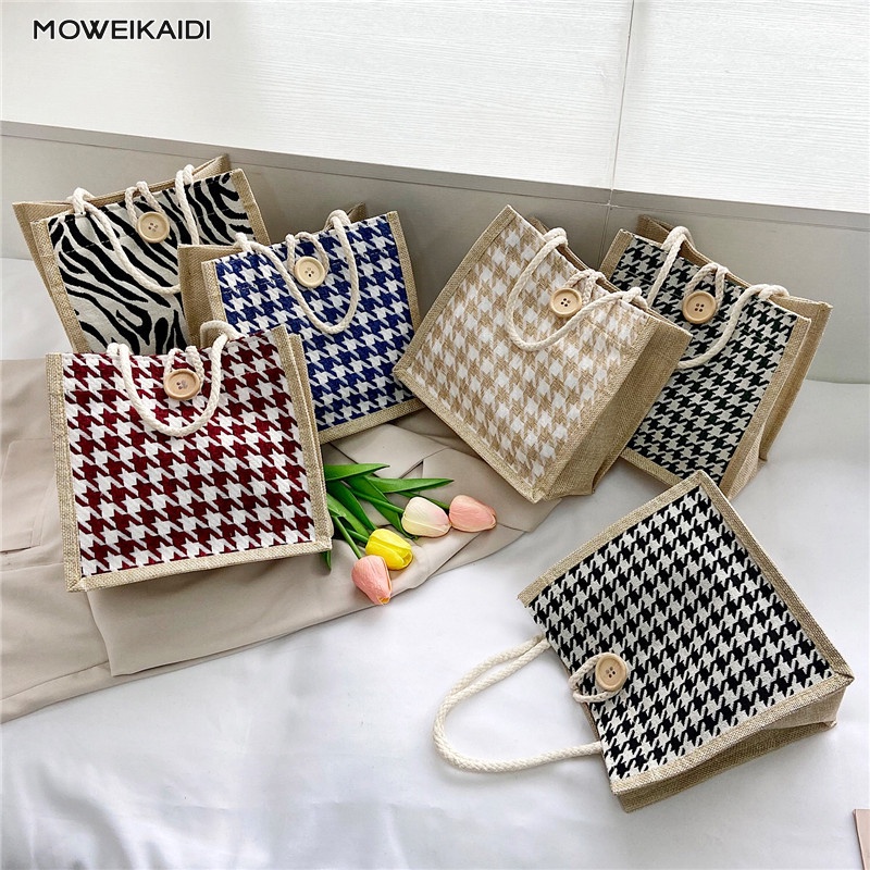 Moweikaidi Túi Xách Vải Lanh Kẻ Sọc Đơn Giản Dễ Thương Phong Cách Hàn Quốc Cho Nữ