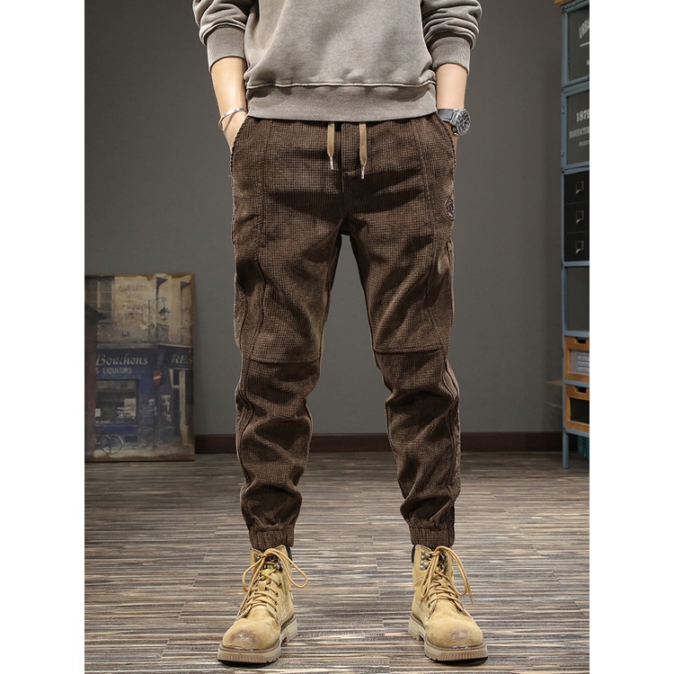 Quần nhung tăm dáng rộng lưng thun co giãn phong cách retro Mỹ thời trang mùa đông cho nam có size lớn