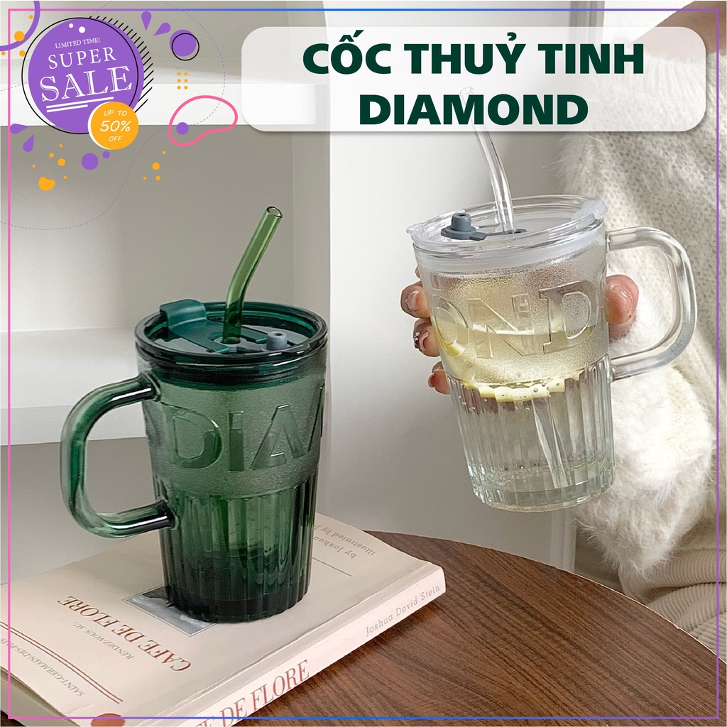 Cốc thủy tinh Diamond cao cấp có nắp và ống hút đi kèm 400ml