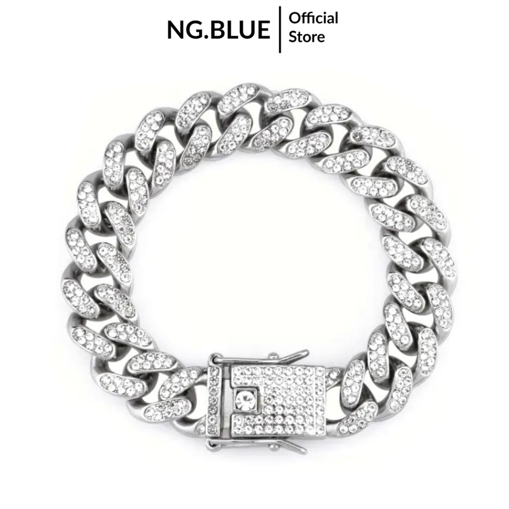 Vòng tay lắc tay nam nữ cuban bạc vàng đính đá kim cương 12mm hiphop thép titan không gỉ