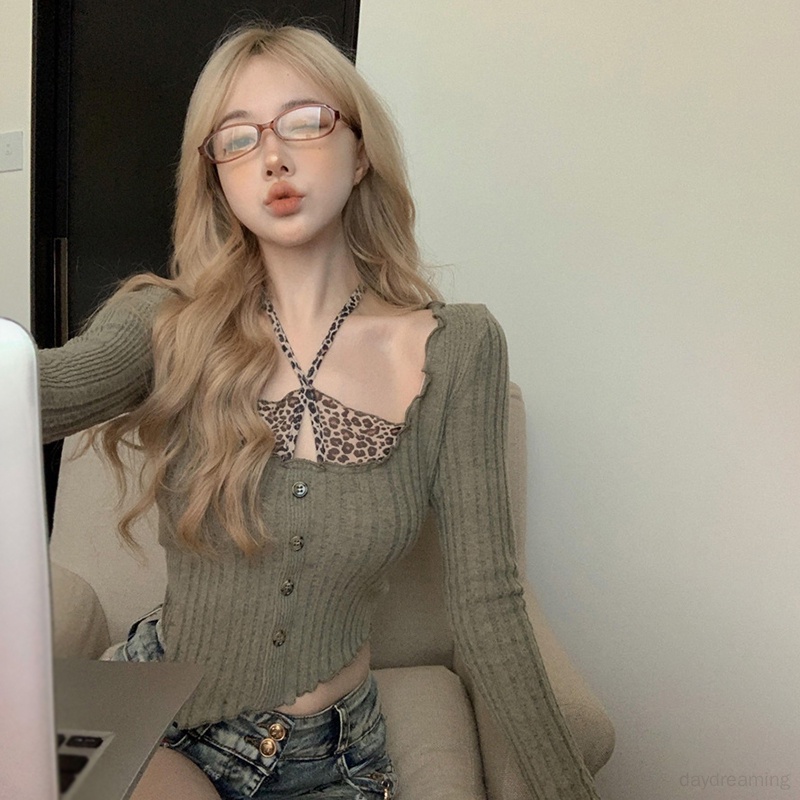 Áo Thun Lửng Tay Dài Giả Hai Lớp Họa Tiết Da Báo Phong Cách Hàn Quốc Quyến Rũ Dành Cho Nữ