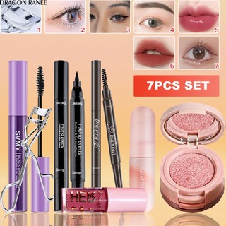 Bộ trang điểm 7 món gồm son môi + phấn mắt + bút kẻ lông mày + mascara + dụng cụ uốn lông mi tiện dụng