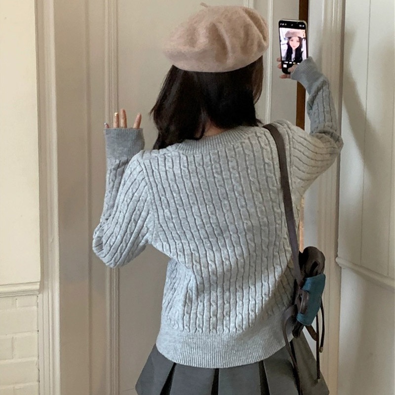 Yaoli Áo sweater Dệt Kim Chui Đầu Cổ Tròn Tay Dài Dáng Rộng Màu Trơn Thêu Họa Tiết Thời Trang Mùa Thu Cho Nữ