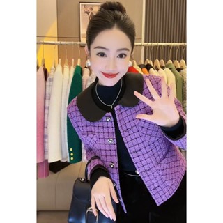 áo khoác dạ tweed nữ dáng ngắn bigsize croptop dáng dài lông hàn quốc dài big size trung niên hồng Áo Khoác Ngắn Cài Một Hàng Nút Màu Tím Tương Phản Siêu Cao Cấp Kiểu Pháp Sang Trọng Mùa Xuân Cho Nữ