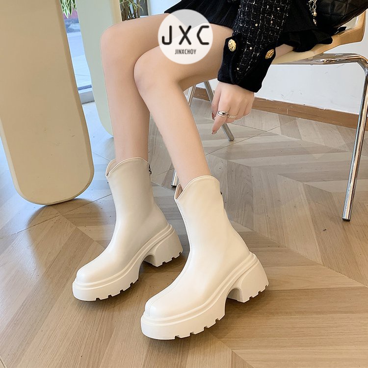 Giày Bốt Da PU Mũi Tròn Màu Trơn Phối Khóa Kéo Sau Lưng Kiểu Retro Pháp Thời Trang Mùa Đông Cho Học Sinh