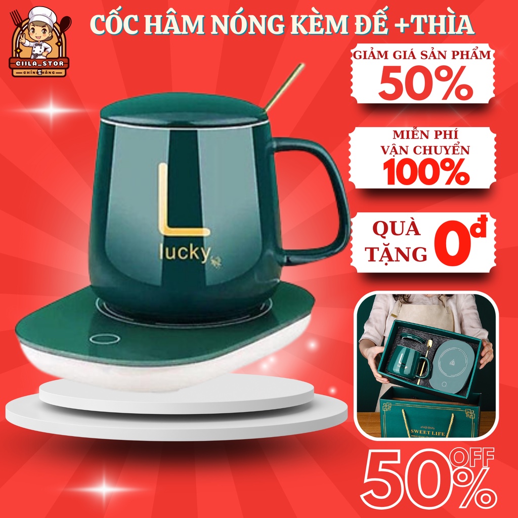 Cốc Hâm Nóng, Bộ ly sứ kèm đế điện hâm nóng trà, cafe, hâm sữa Tặng thìa hộp sang trọng, Bộ Cốc sứ Gia Dụng Electronic