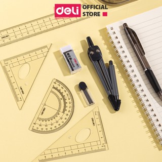 Bộ thước kẻ compa eke Deli 8 món chuyên dụng cụ học tập cho học sinh kèm tẩy chì, ruột chì đồ dùng học tập màu đen
