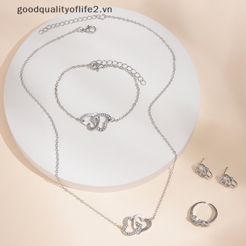 Set 5 Vòng cổ / Nhẫn / Bông Tai Hình Trái Tim Đôi Đính Kim Cương Giả Cho Nữ