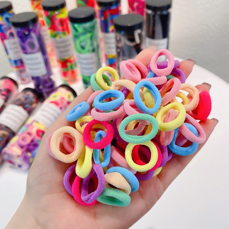 Set 100 Dây Buộc Tóc Cao Su Co Giãn Nhiều Màu Dễ Thương Phong Cách Hàn Quốc Cho Bé Gái