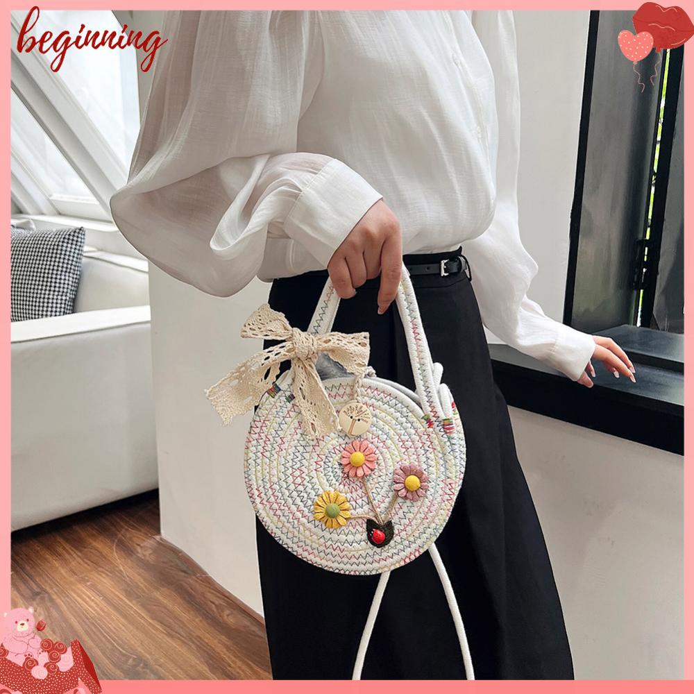 Túi Đeo Chéo Đan Len Hình Tròn Đính Hoa Dễ Thương Thời Trang Mùa Hè Cho Nữ