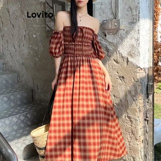 Đầm Lovito cột dây diềm xếp nếp kẻ sọc ô vuông thường ngày cho nữ LNA21114 (màu đỏ)