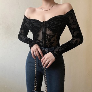 Gợi cảm lệch vai dài tay nữ ren mỏng Body