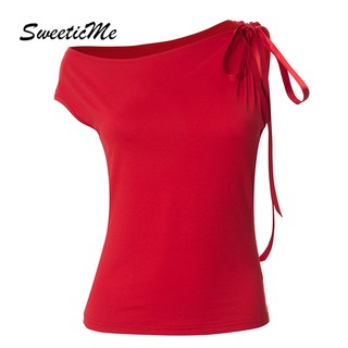 SweeticMe Áo Nữ Thời Trang Mới Màu Trơn Bất Đối Xứng Gợi Cảm Slim Fit Nhân Quả Áo Thun