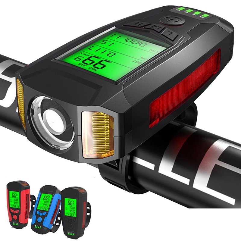 Đèn Pha led Kỹ Thuật Số Chống Nước Kèm Còi Và Đồng Hồ Đo Tốc Độ Sạc usb Cho Xe Đạp